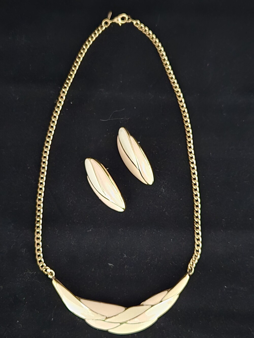Monet Gold Cream Pink Enamel Necklace and Pierced Earrings